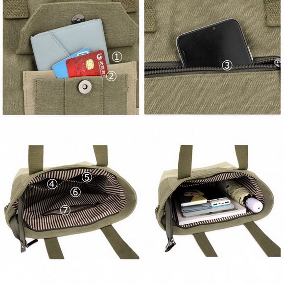 Canvas Tote Bag for Women Small Handbag with Zipper Shoulder - Black - Picture 6 of 9